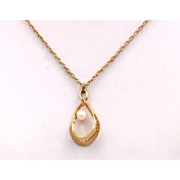 Gold-Tone Faux Pearl Teardrop Ornate Lace Pendant Necklace Chain 20" Full Vtg - Picture 1 of 10